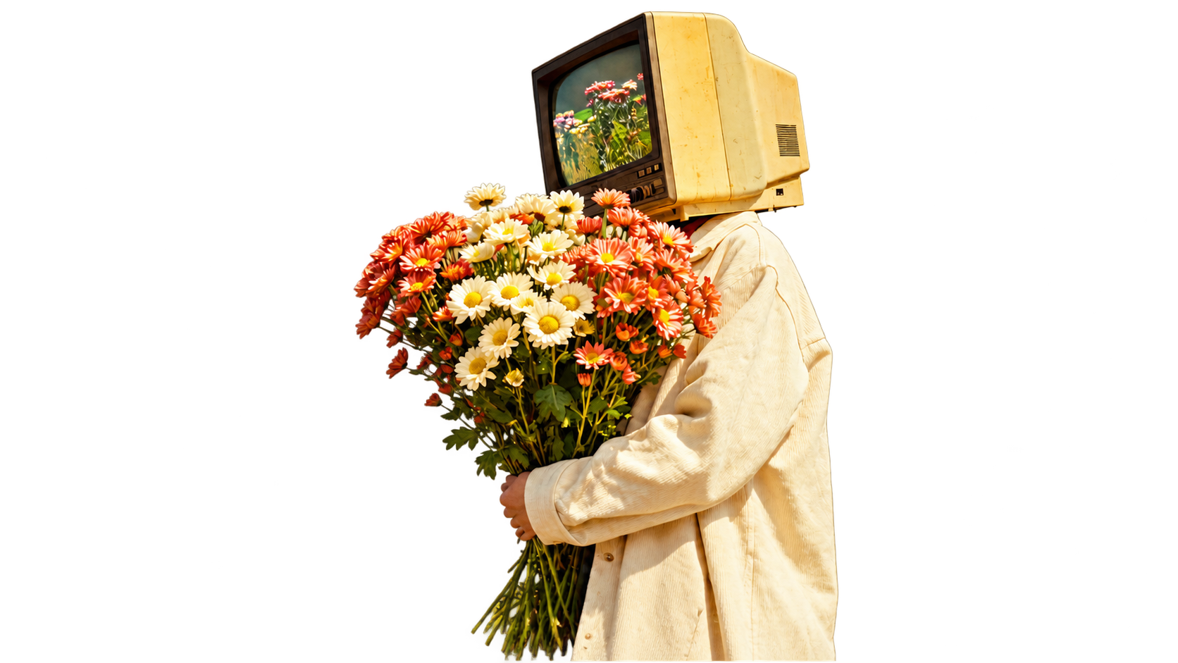 A surreal television-headed figure holding flowers